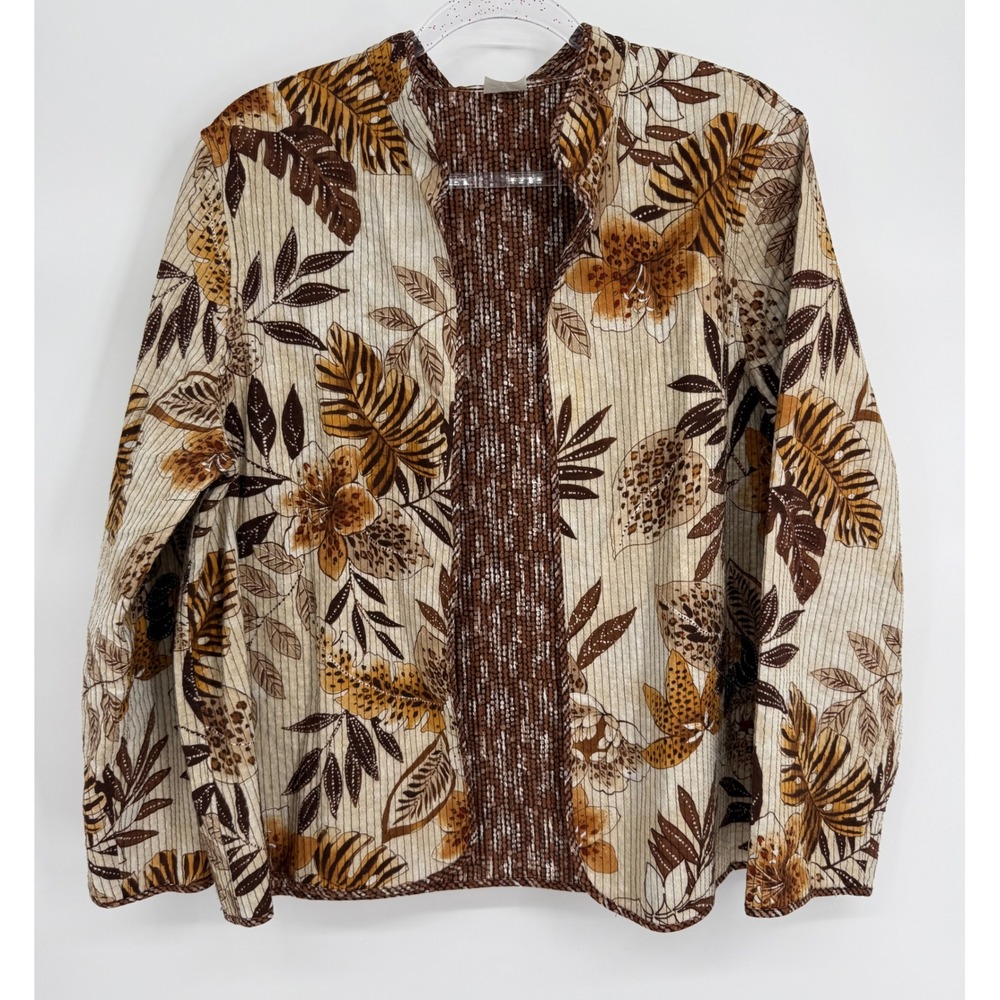 Alfred Dunner Sz 16P Open Front Jacket Tropical Floral Leopard Print Cotton